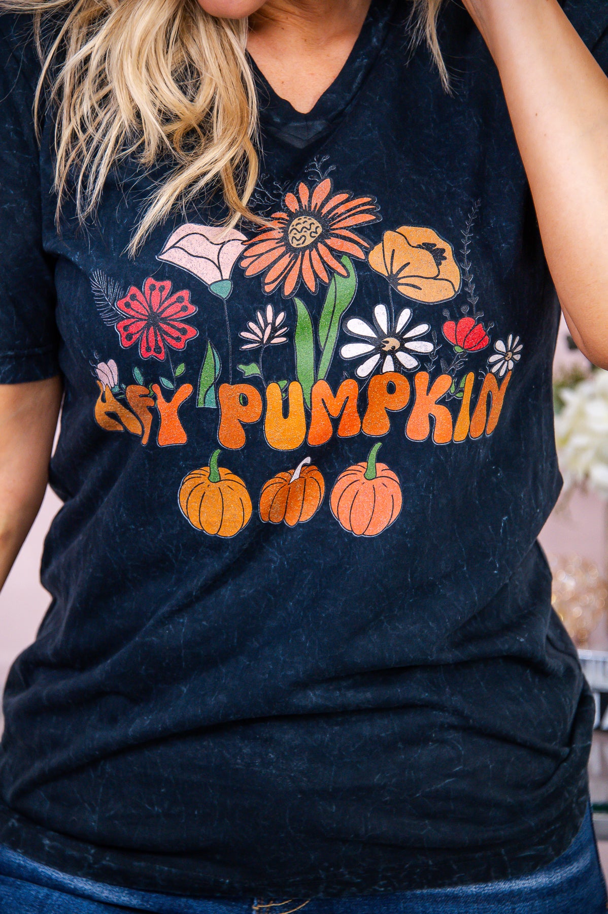 Hey Pumpkin Black Mineral Wash V Neck Graphic Tee - A2908BMS