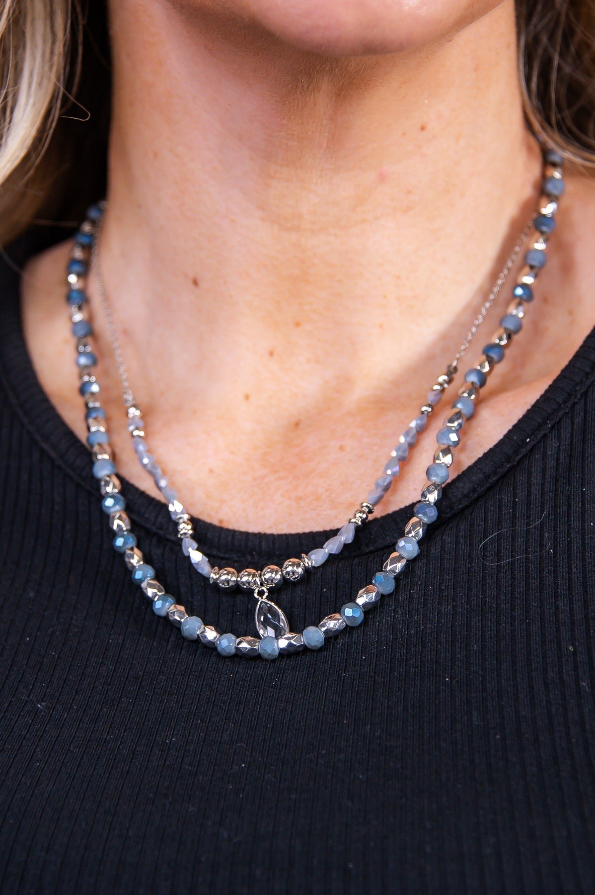 Steel Blue/Silver Seed Bead Layered Pendant Necklace - NEK4281SBL
