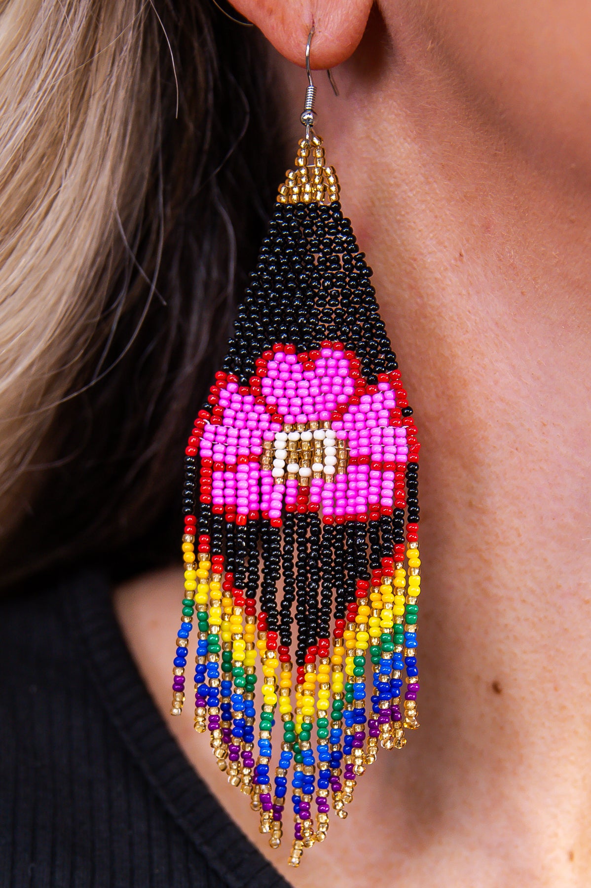 Black/Multi Color Floral Seed Bead Tassel Drop Earrings - EAR4256BK