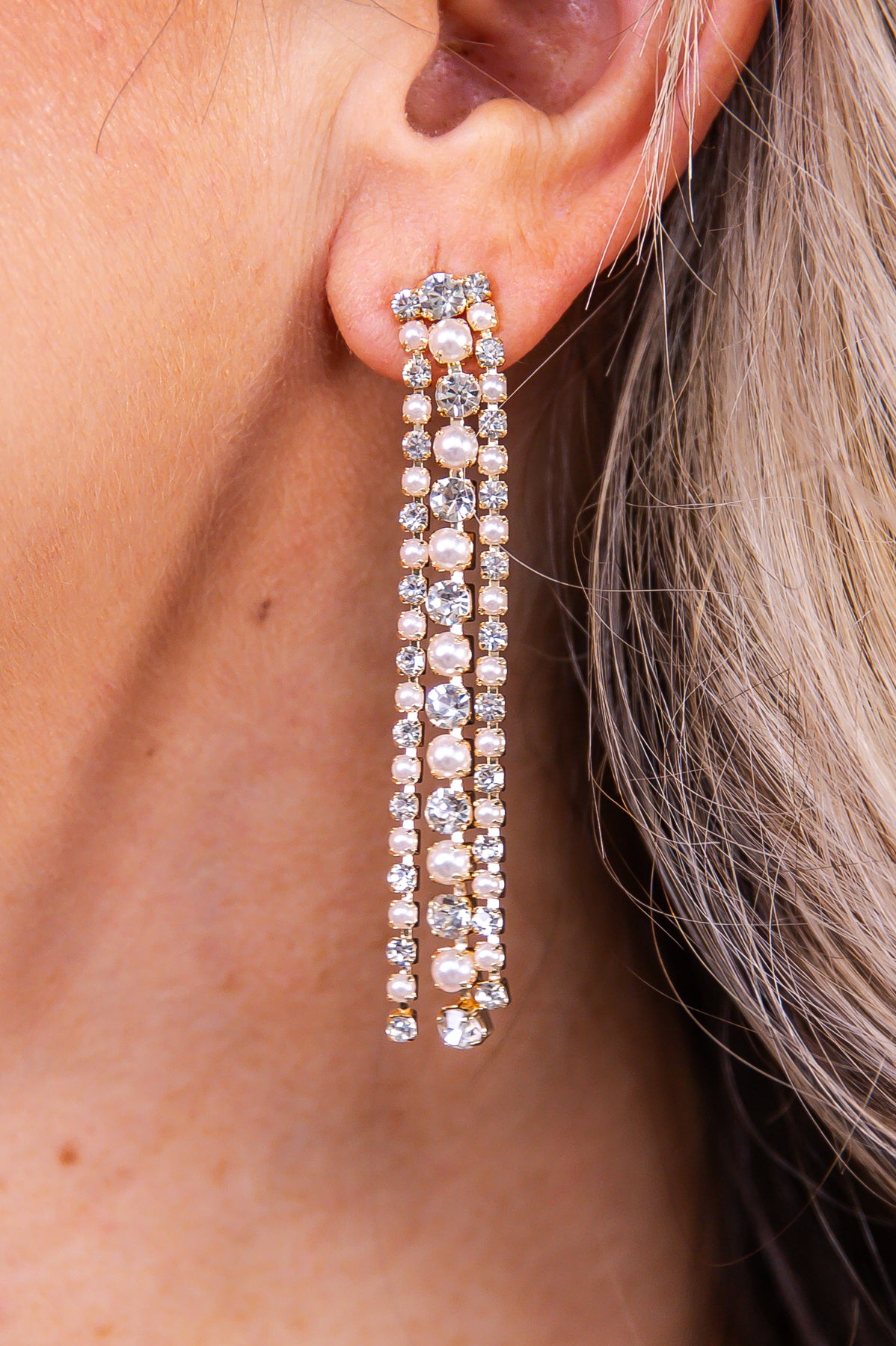 Gold Bling/Pearl Tassel Drop Earrings - EAR4259GD