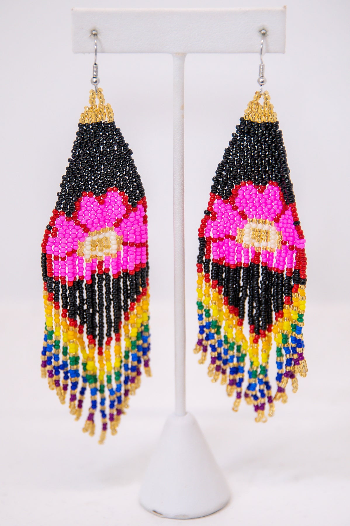Black/Multi Color Floral Seed Bead Tassel Drop Earrings - EAR4256BK