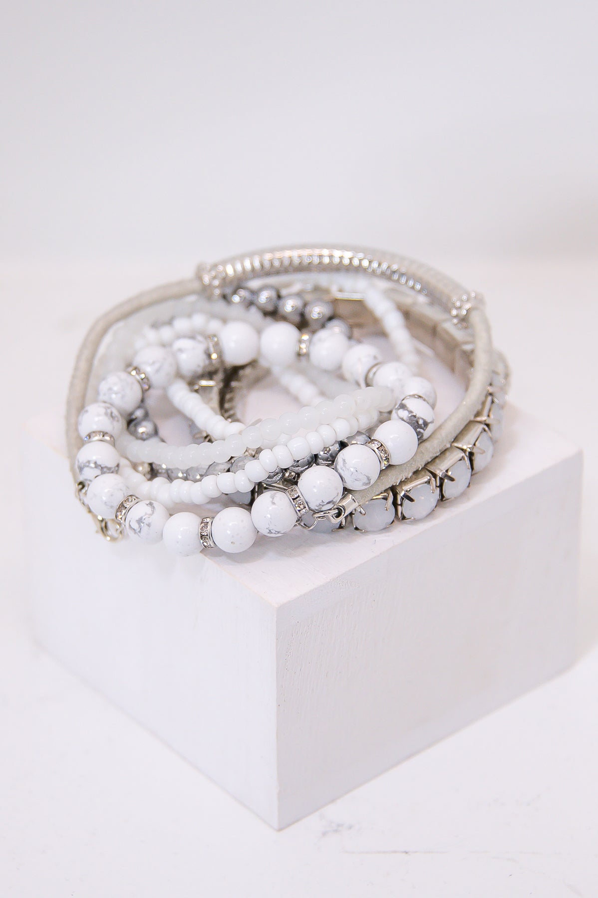 White/Silver Stackable Bracelets - BRC3377WH