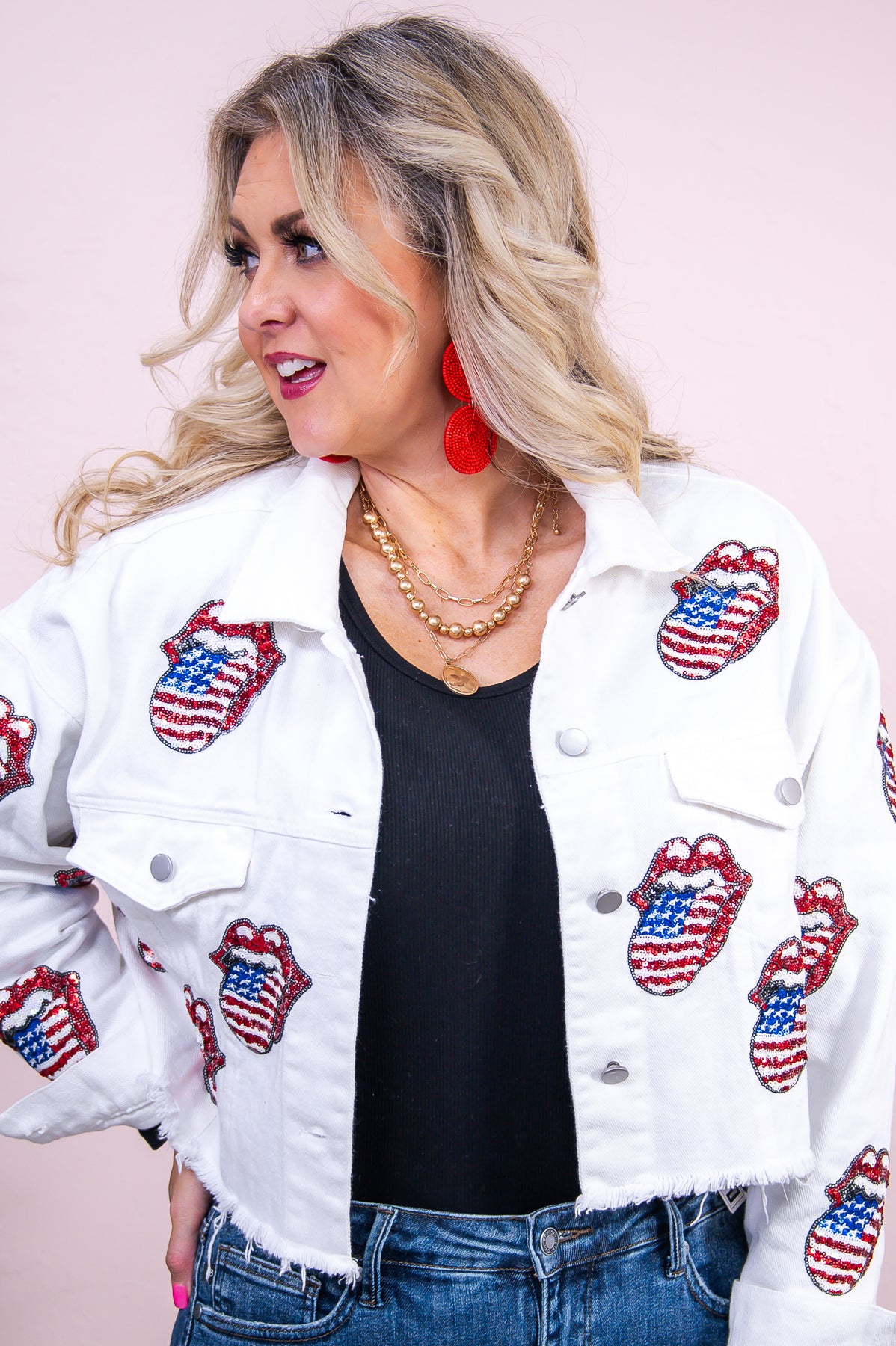 All American Diva White/Multi Color Sequin Mouth/Tongue Cropped Jacket - O5357WH