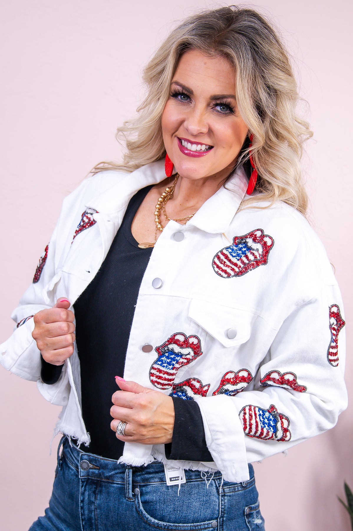 All American Diva White/Multi Color Sequin Mouth/Tongue Cropped Jacket - O5357WH