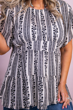 Sweet Moments Beige/Black Floral Babydoll Top - T9920BG