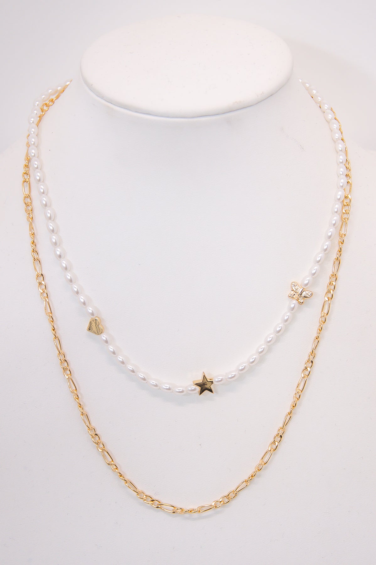 Gold Heart/Star/Butterfly Charm Pearl/Chain Layered Necklace - NEK4286GD