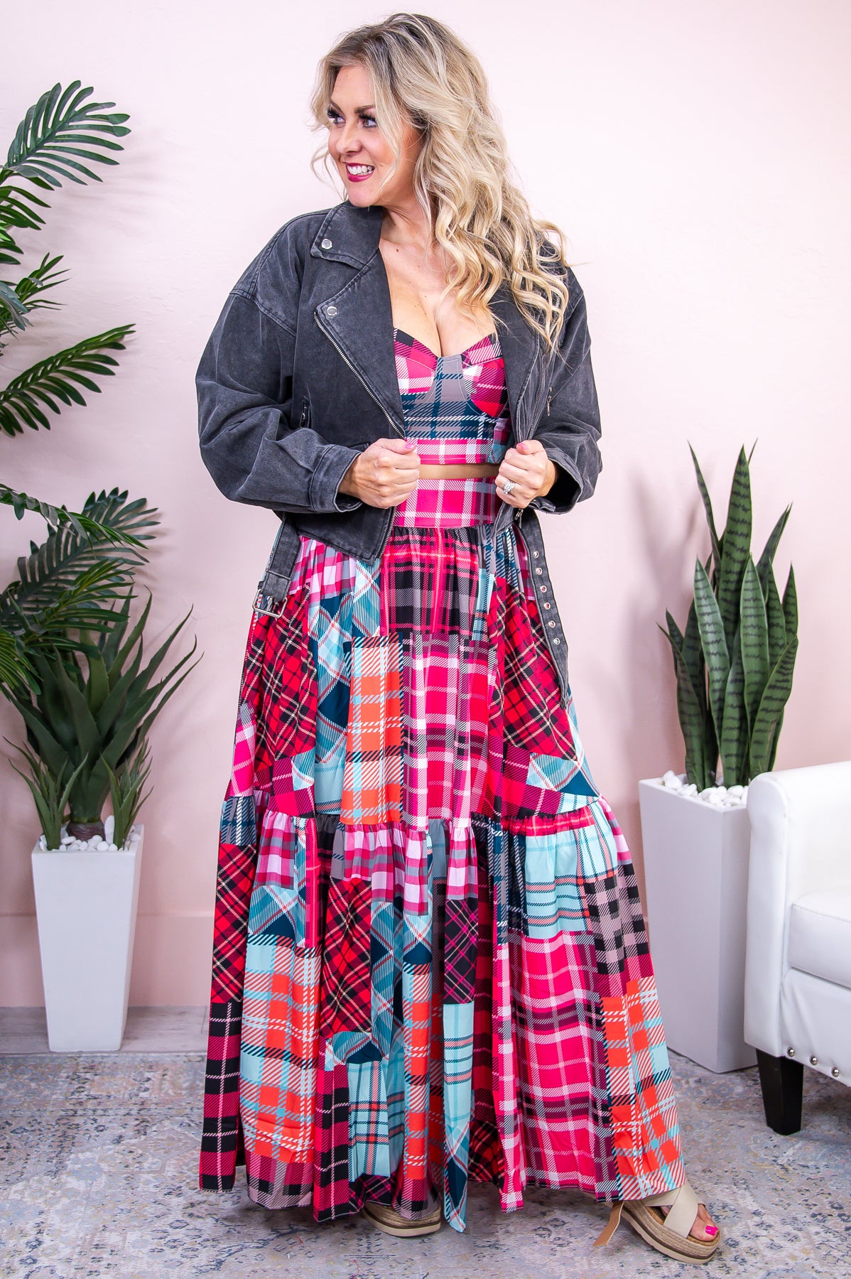 Sandy Toes & Sunkissed Nose Pink/Multi Color Plaid Top/Skirt (2-Piece Set) - T9081PK
