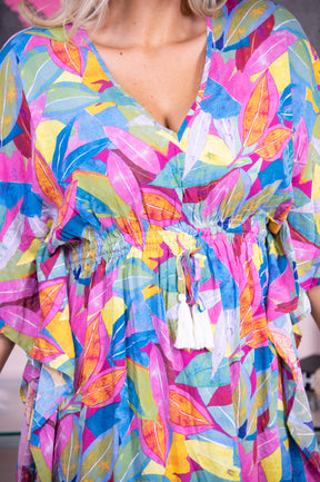 Meet Me In The Tropics Magenta/Multi Color Tropical Leaf Printed V Neck Dress - D4761MG