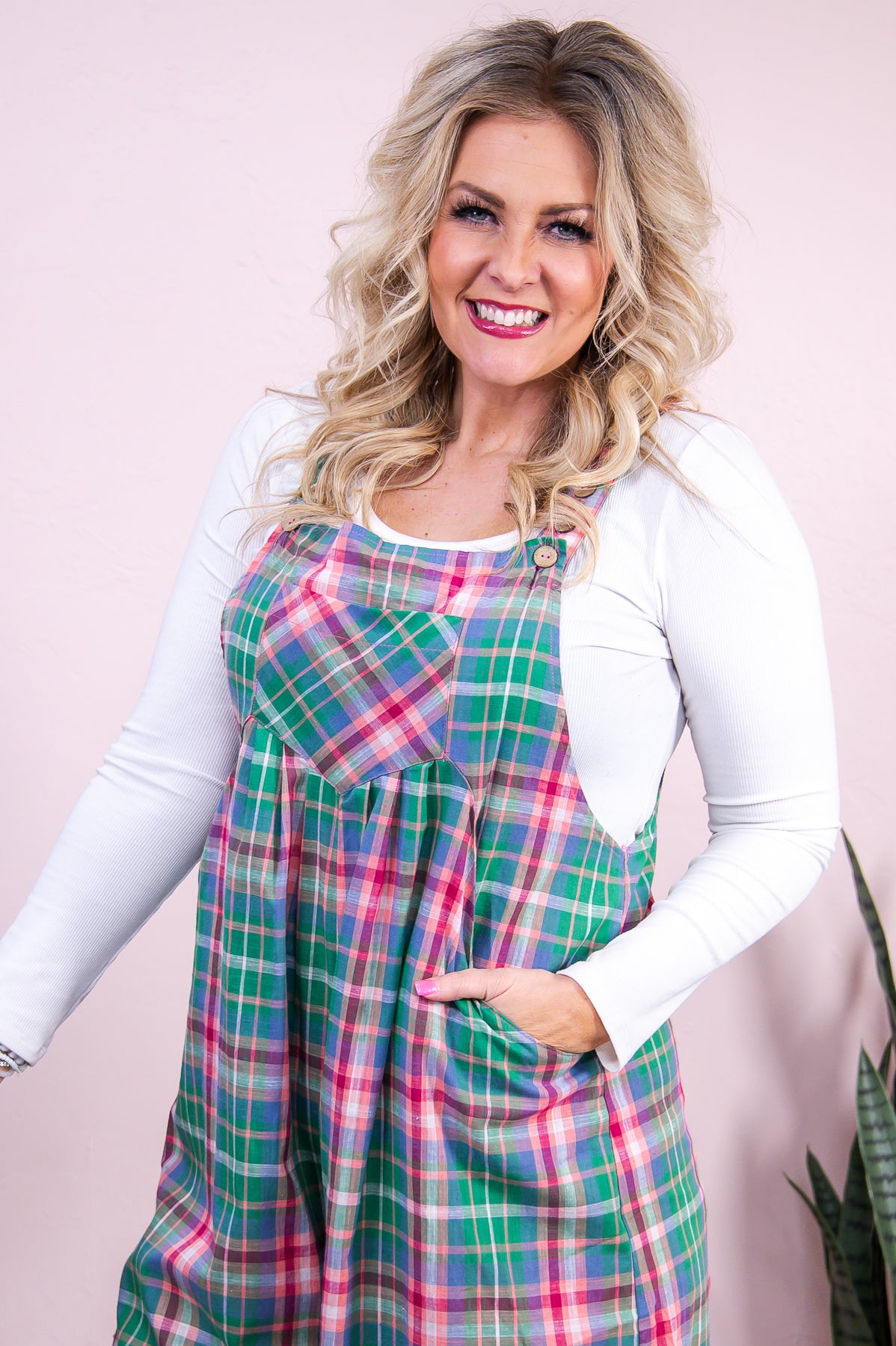 Bunny Kisses & Easter Wishes Jade/Multi Color Plaid Overalls - RMP768JD