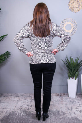 Afternoon Escapes Charcoal Gray/Off White Printed V Neck Top - T10581CG