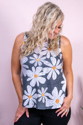 Pick A Daisy Charcoal Gray/Multi Color Floral Tank Top - T9931CG