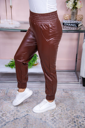 Match The Energy Brown Solid Faux Leather Joggers - PNT1469BR