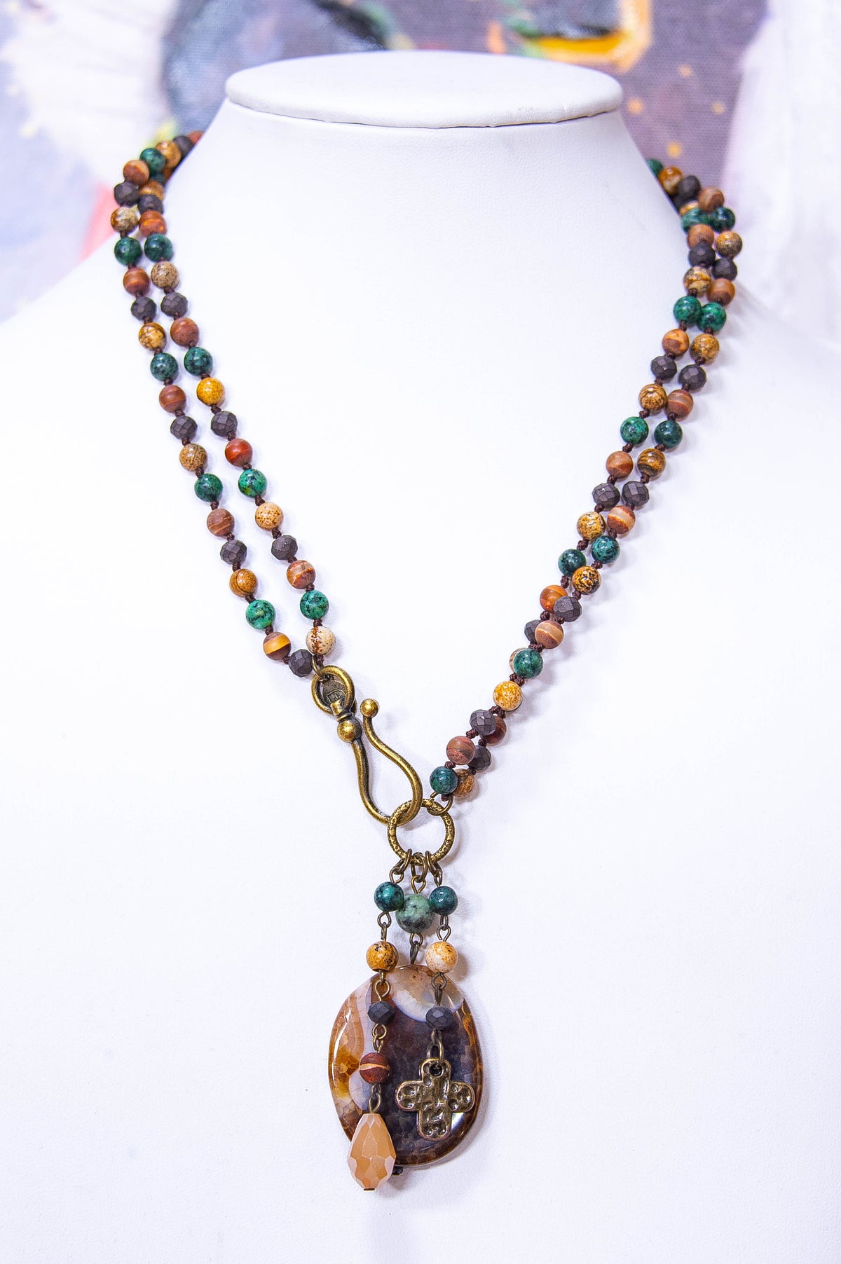 Brown/Multi Color Beaded Cross Charm/Pendant Necklace - NEK4382BR