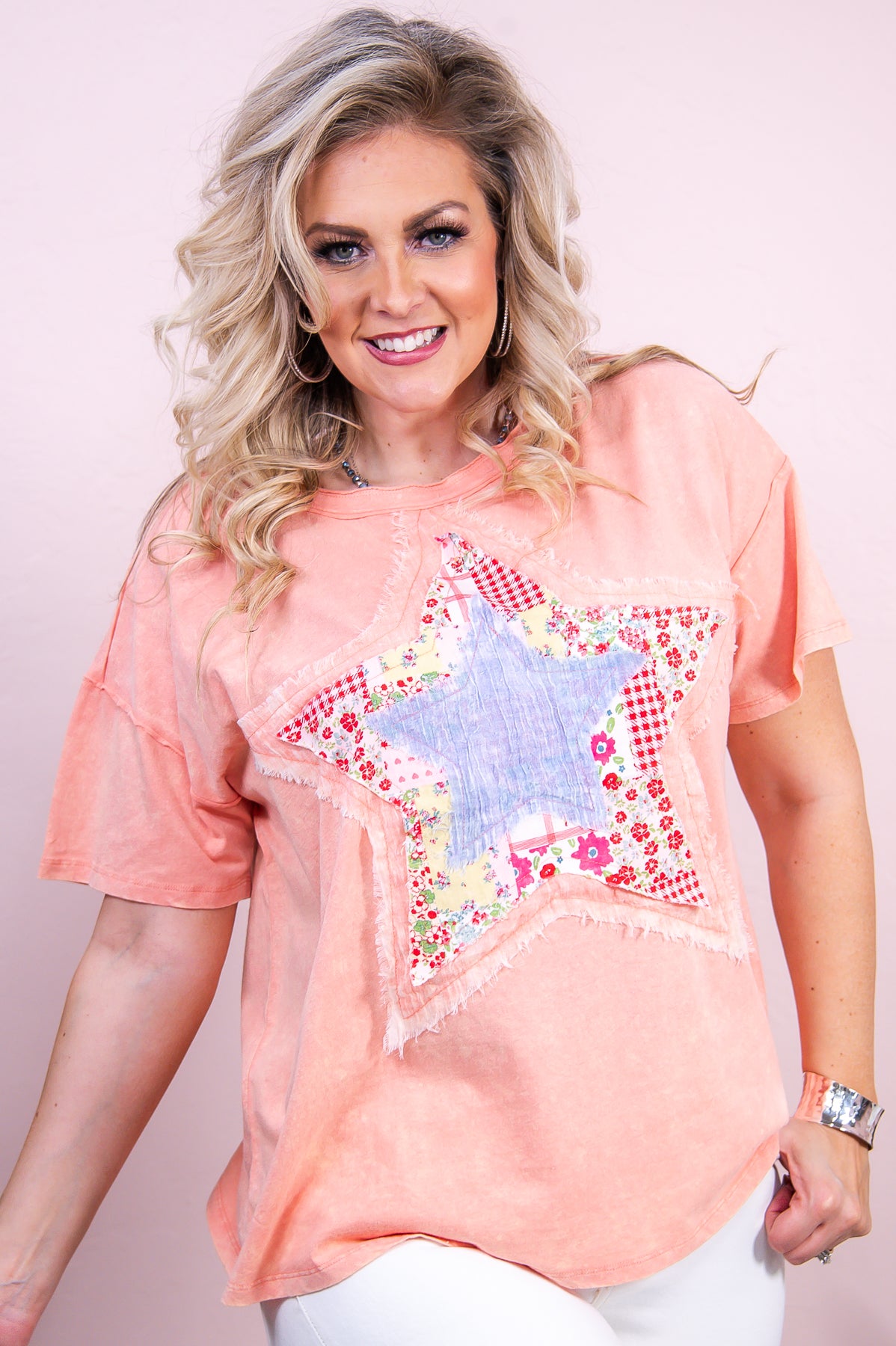 Find Your Bliss Peach/Multi Color Floral Star Patchwork Top - T9085PE