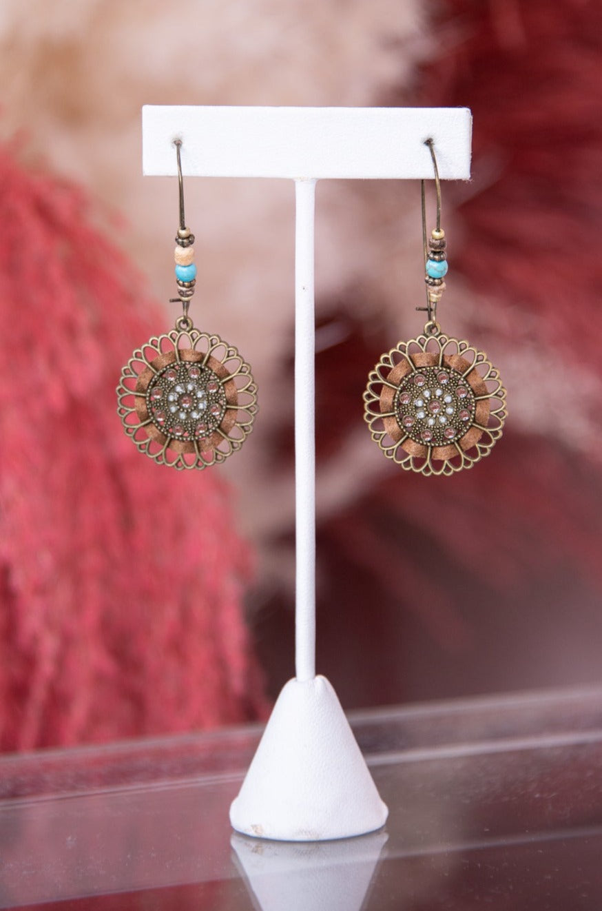 Brown/Antique Gold/Turquoise Dangle Earrings - EAR4100BR