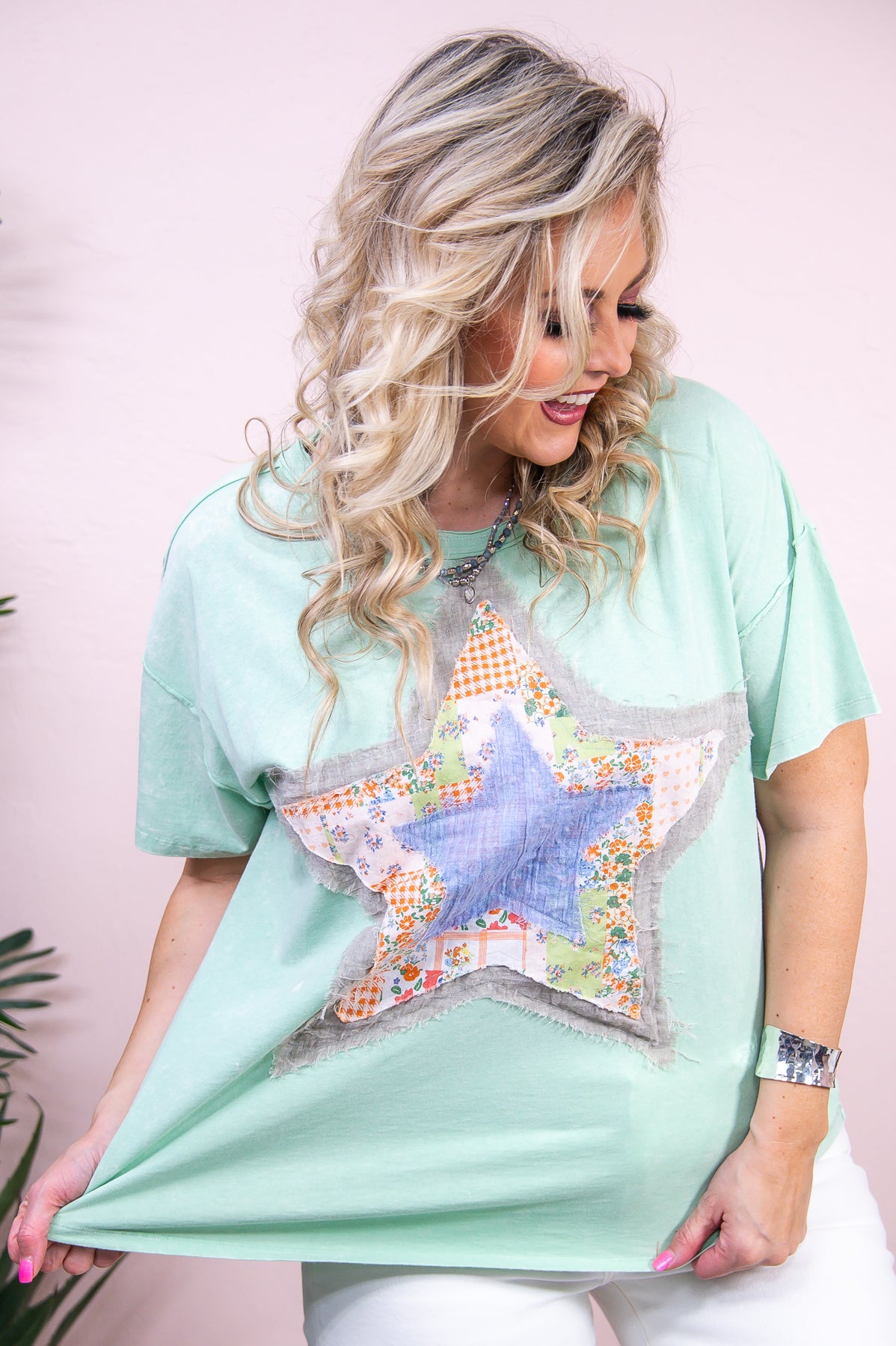 Find Your Bliss Mint/Multi Color Floral Star Patchwork Top - T9084MT