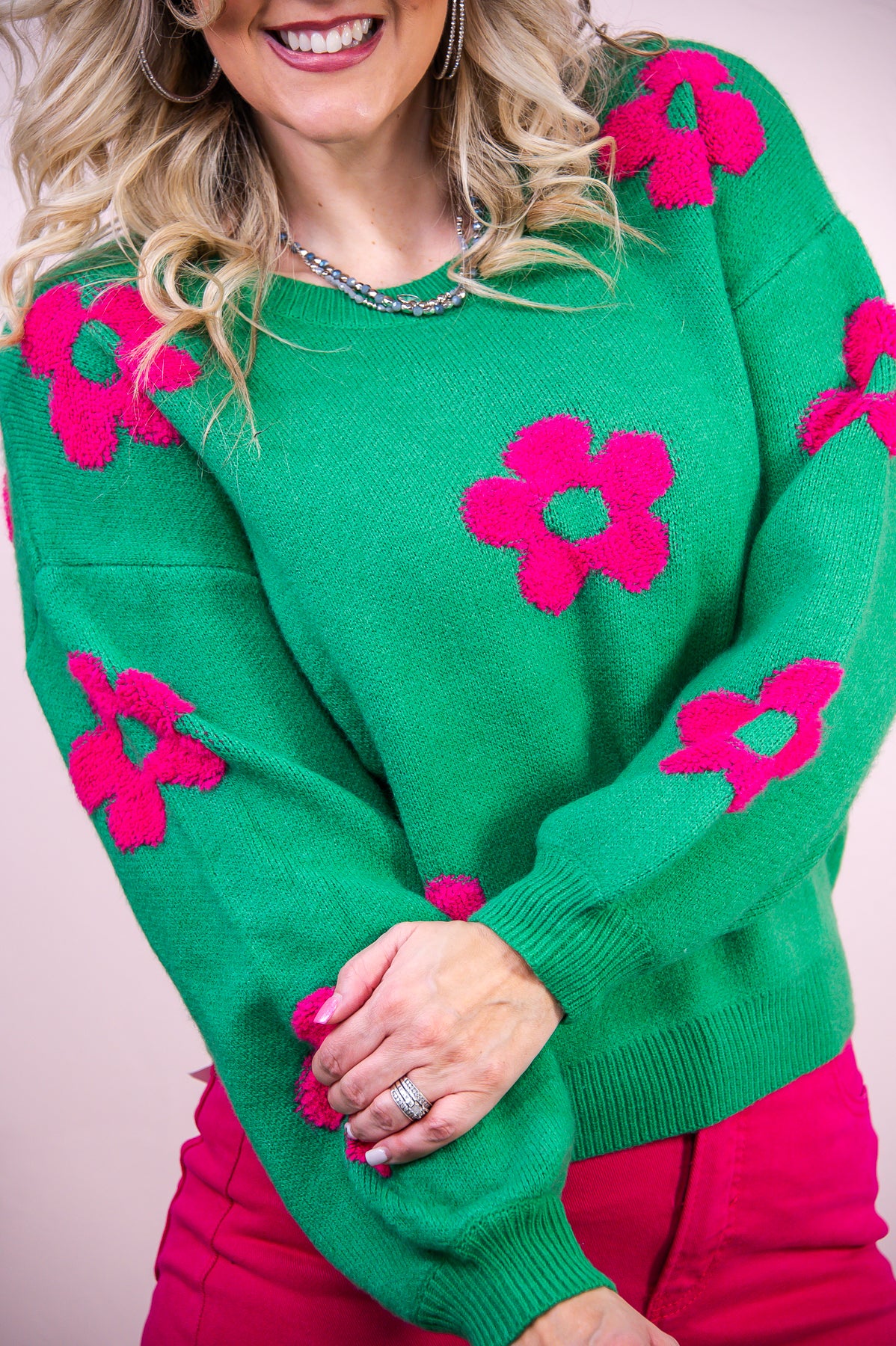 Cozy Reputation Jade/Fuchsia Floral Knitted Sweater Top - T9087JD