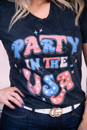 Party In The USA Black Mineral Wash Graphic Tee - A2709BK