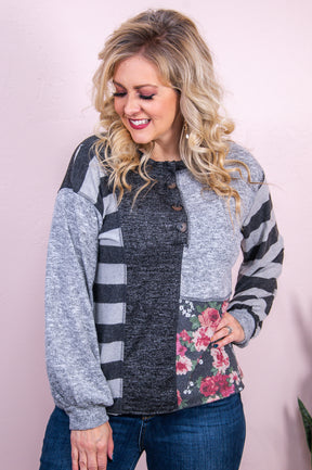 Everyday Cuteness Heather Charcoal/Multi Color Striped/Floral Top - T8405CH