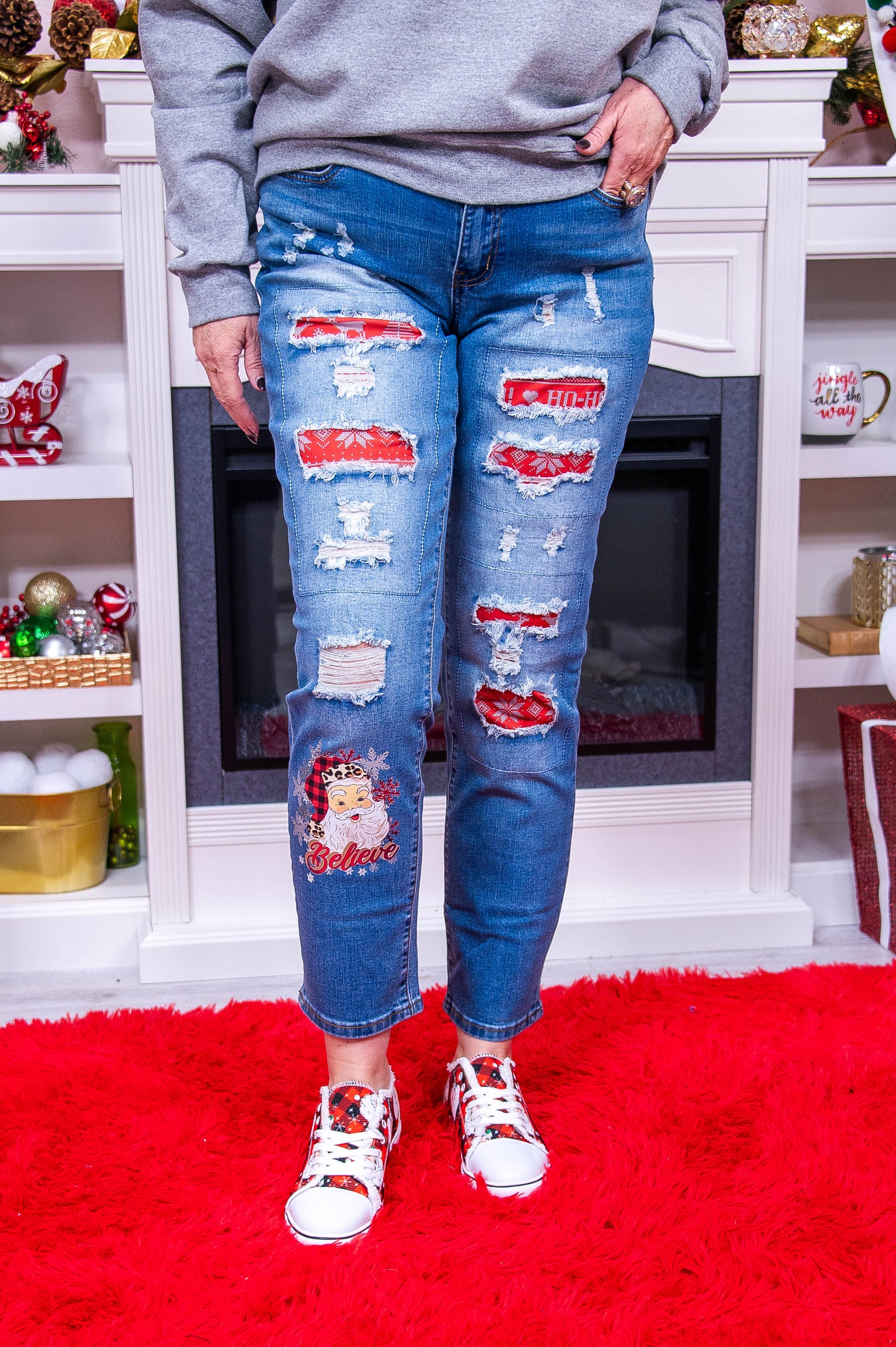 Jeans with plaid patches sales