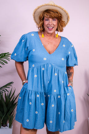 Little Coastal Town Light Denim/Ivory Floral Embroidered Romper - RMP814LDN