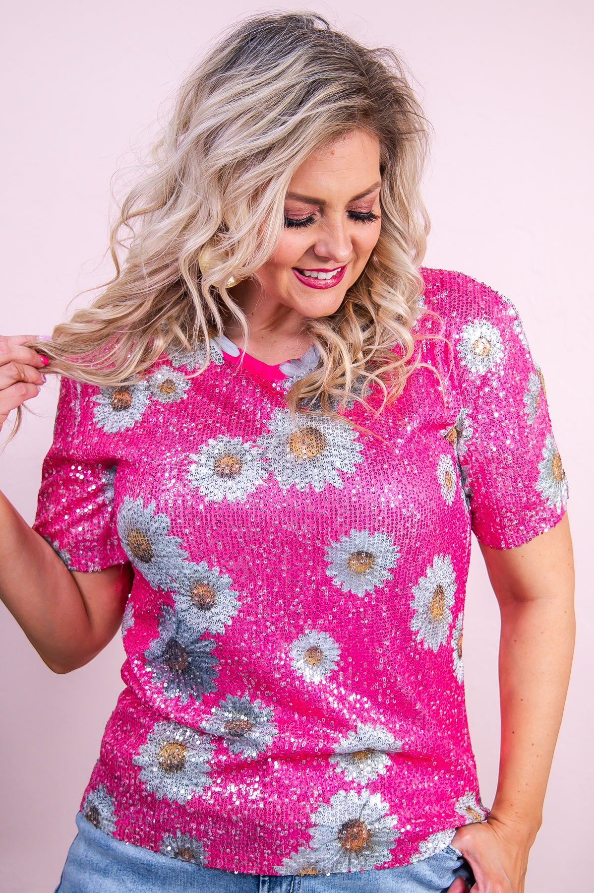 Just Be A Daisy Hot Pink/Multi Color Sequin Daisy Top - T9098HPK