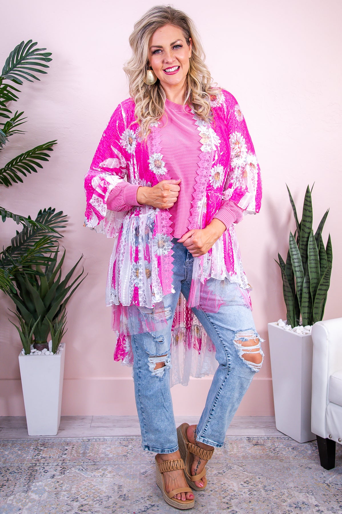 I Belong With The Flowers Hot Pink/Ivory Floral Lace Kimono - O5370HPK