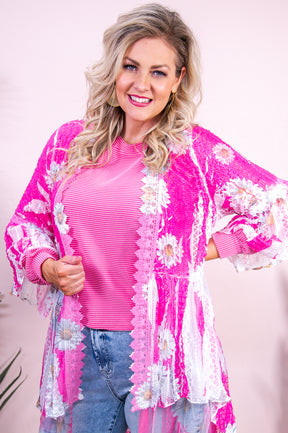 I Belong With The Flowers Hot Pink/Ivory Floral Lace Kimono - O5370HPK