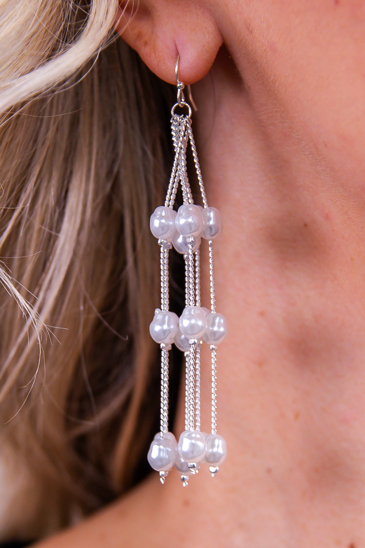 Silver Pearl Tassel Drop Earrings - EAR4264SI
