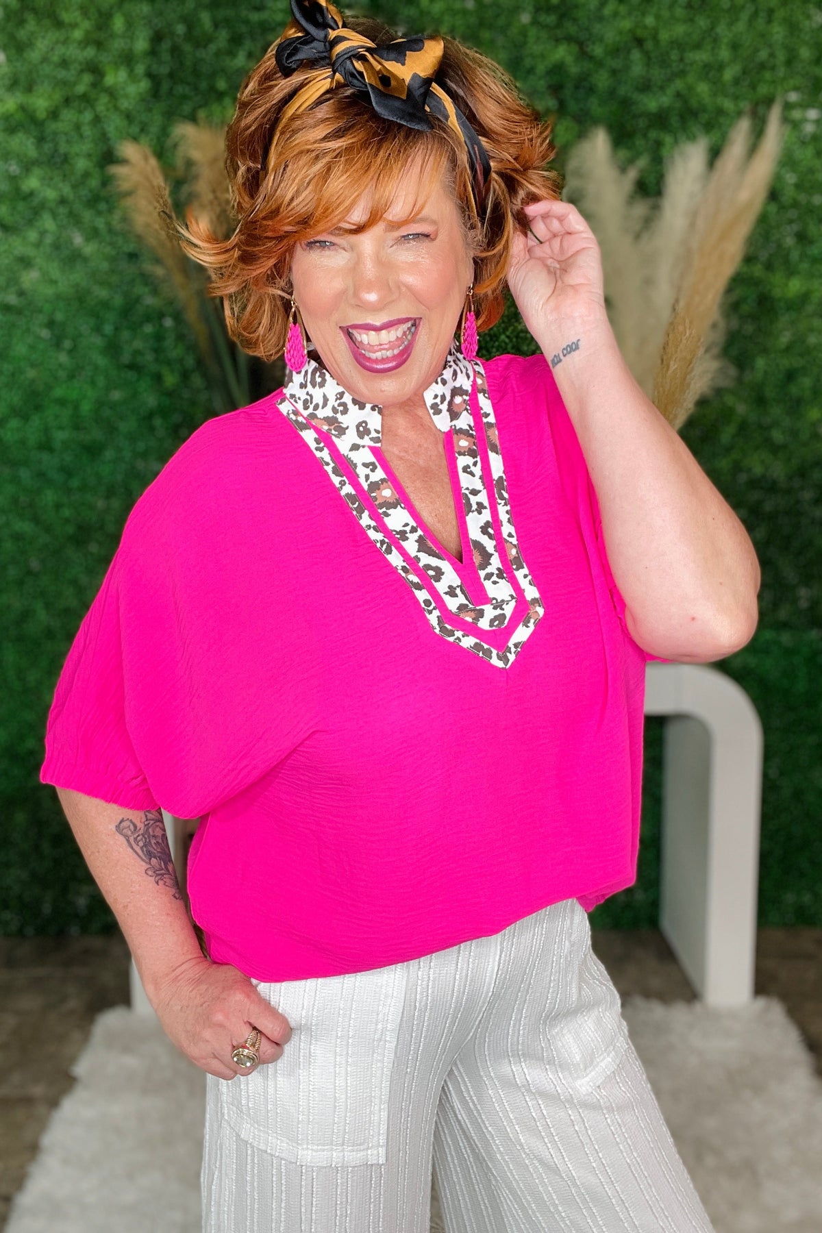 Just Feels Like Me Rose Red Dolman Leopard Trim Top