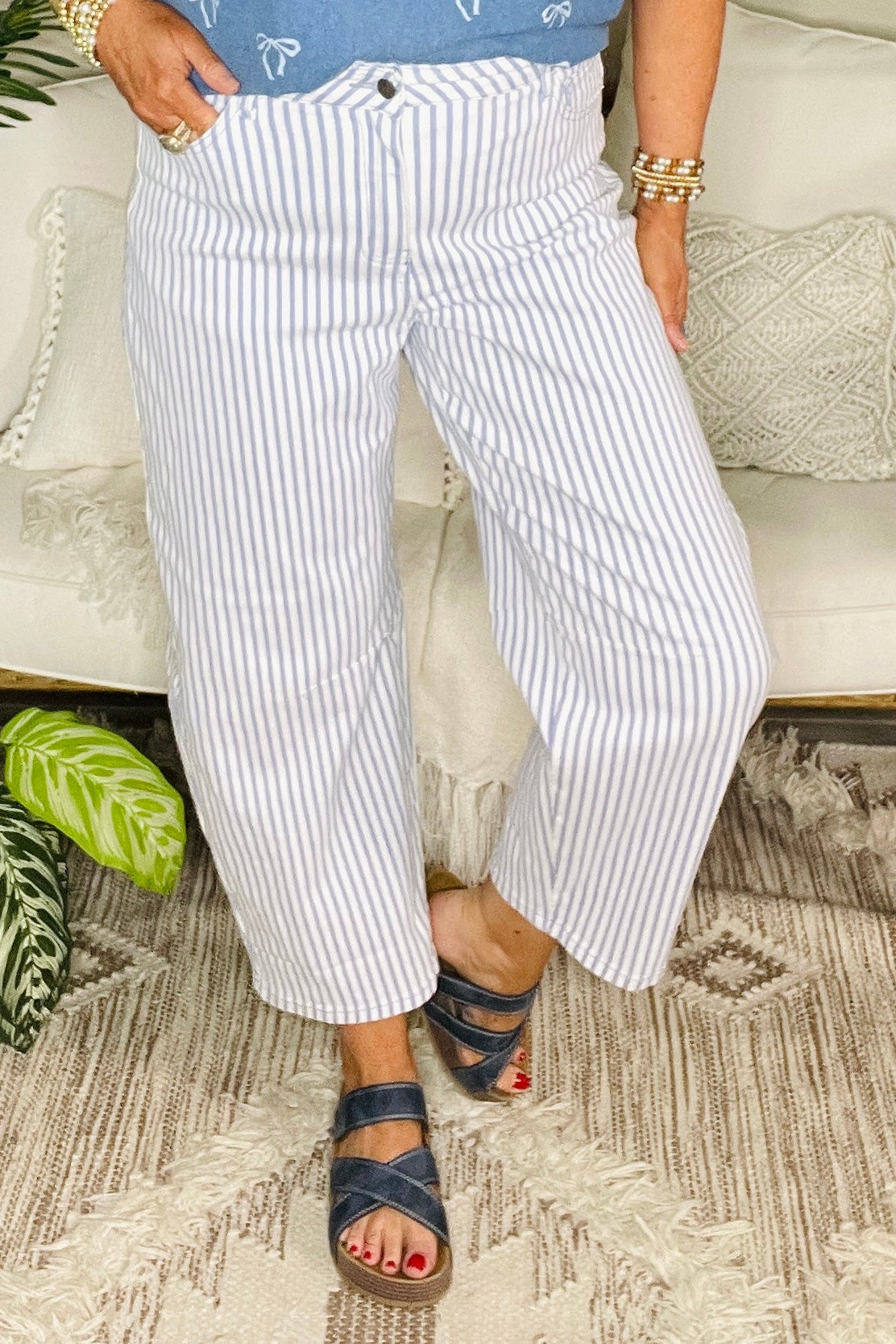 Just Feels Right Sky Blue Stripe Casual Barrel Jeans