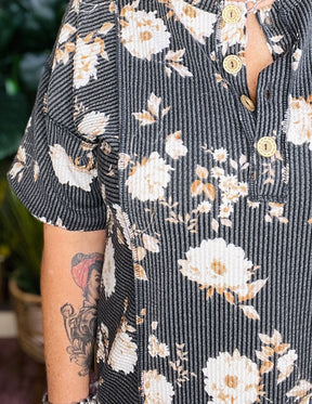 See You Soon Ribbed Floral Top - S442BK