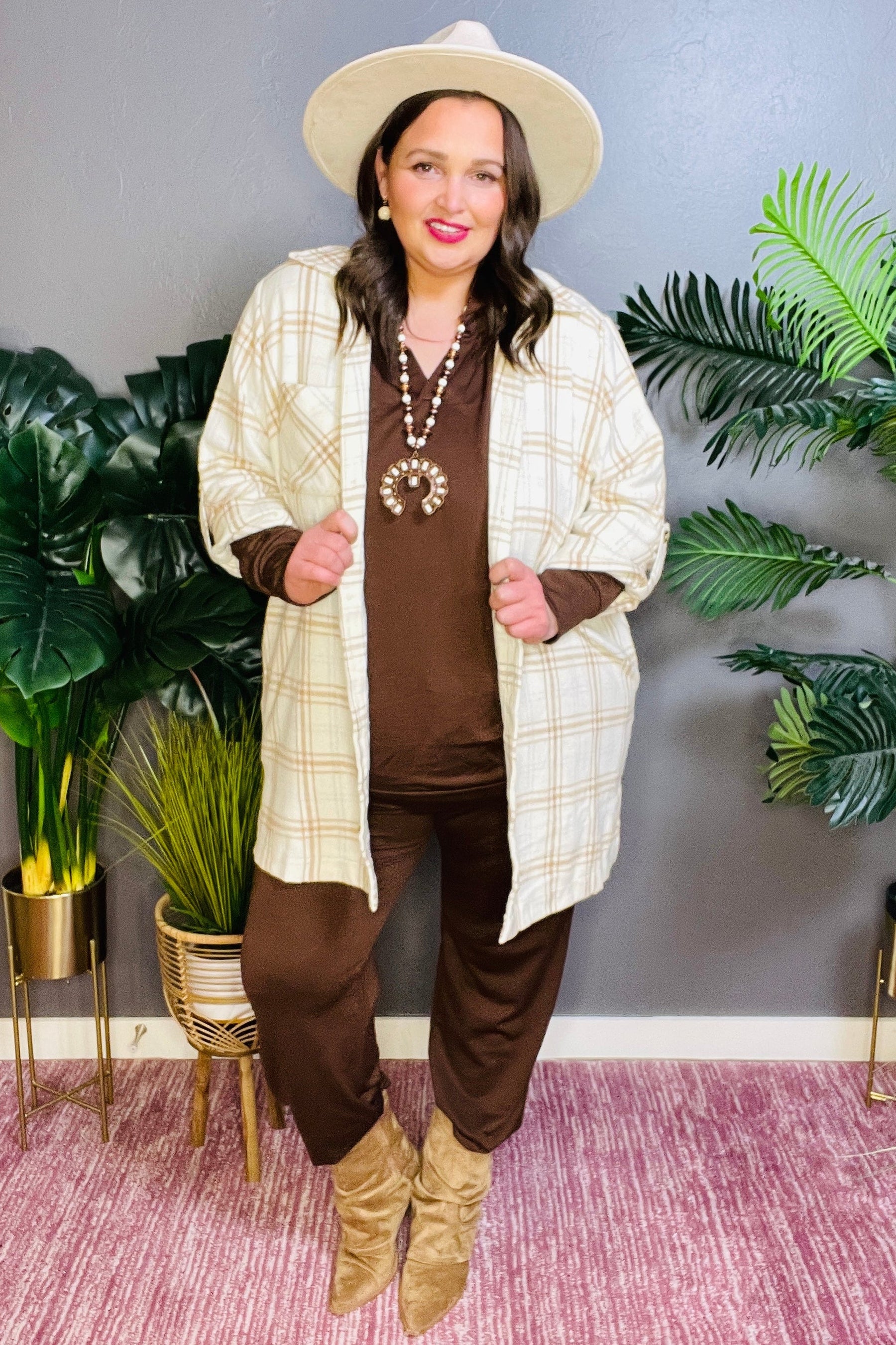 Southern Plaid Ivory Shacket Dress - DR042IV