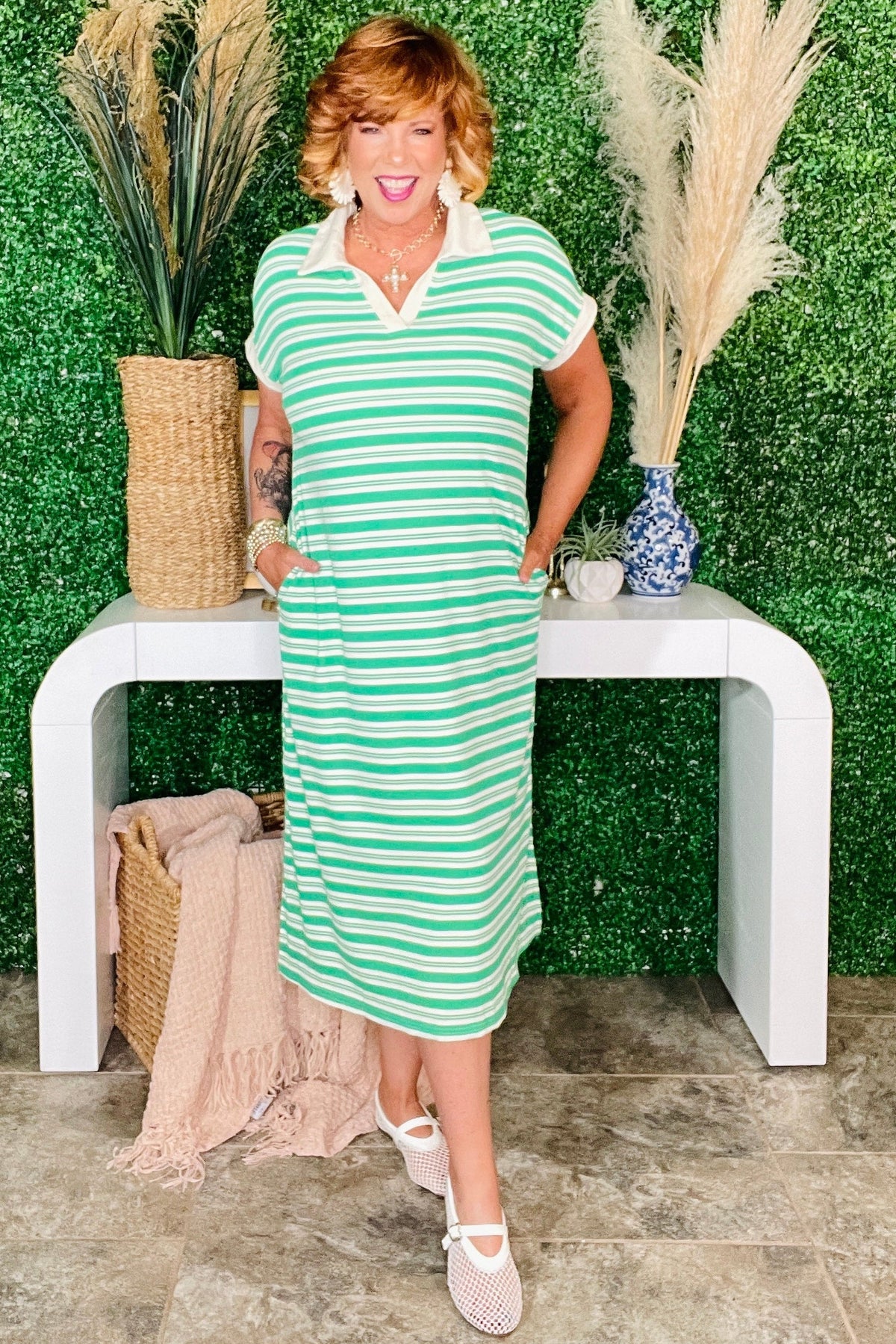 Vacay Bound Green Stripe Midi Dress with Pockets