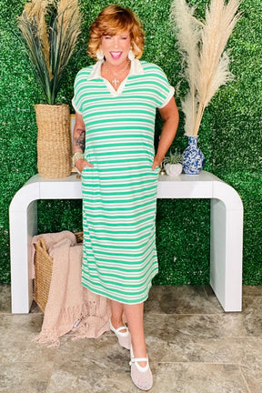 Vacay Bound Green Stripe Midi Dress with Pockets