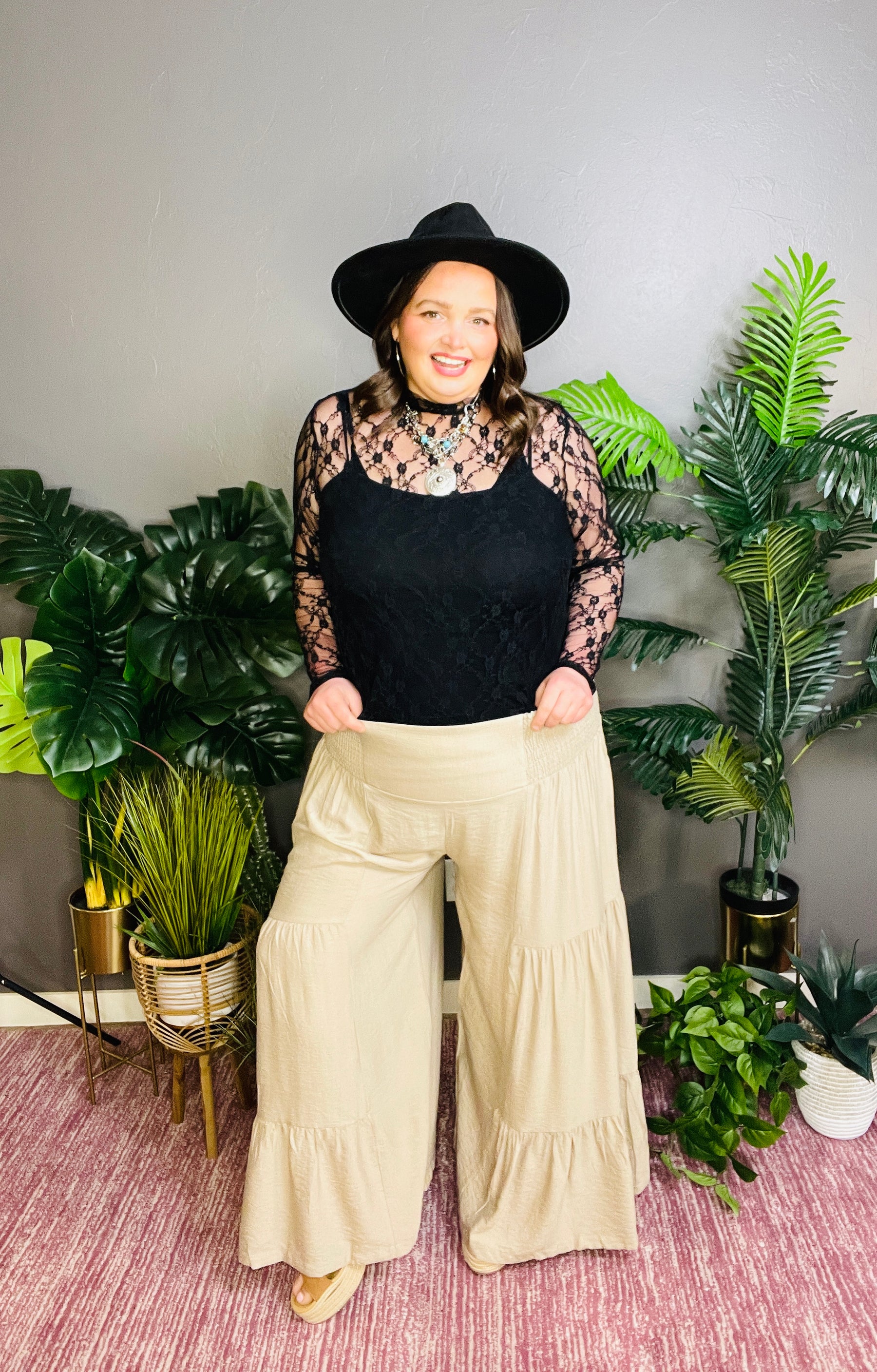 Southern Flair Beige Tiered Wide Leg Pants - P086BG