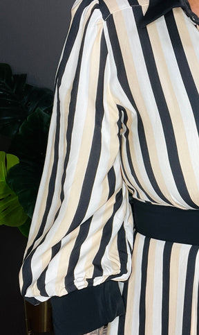 Live Your Life Stripe 3/4 Puff Sleeve Midi Dress
