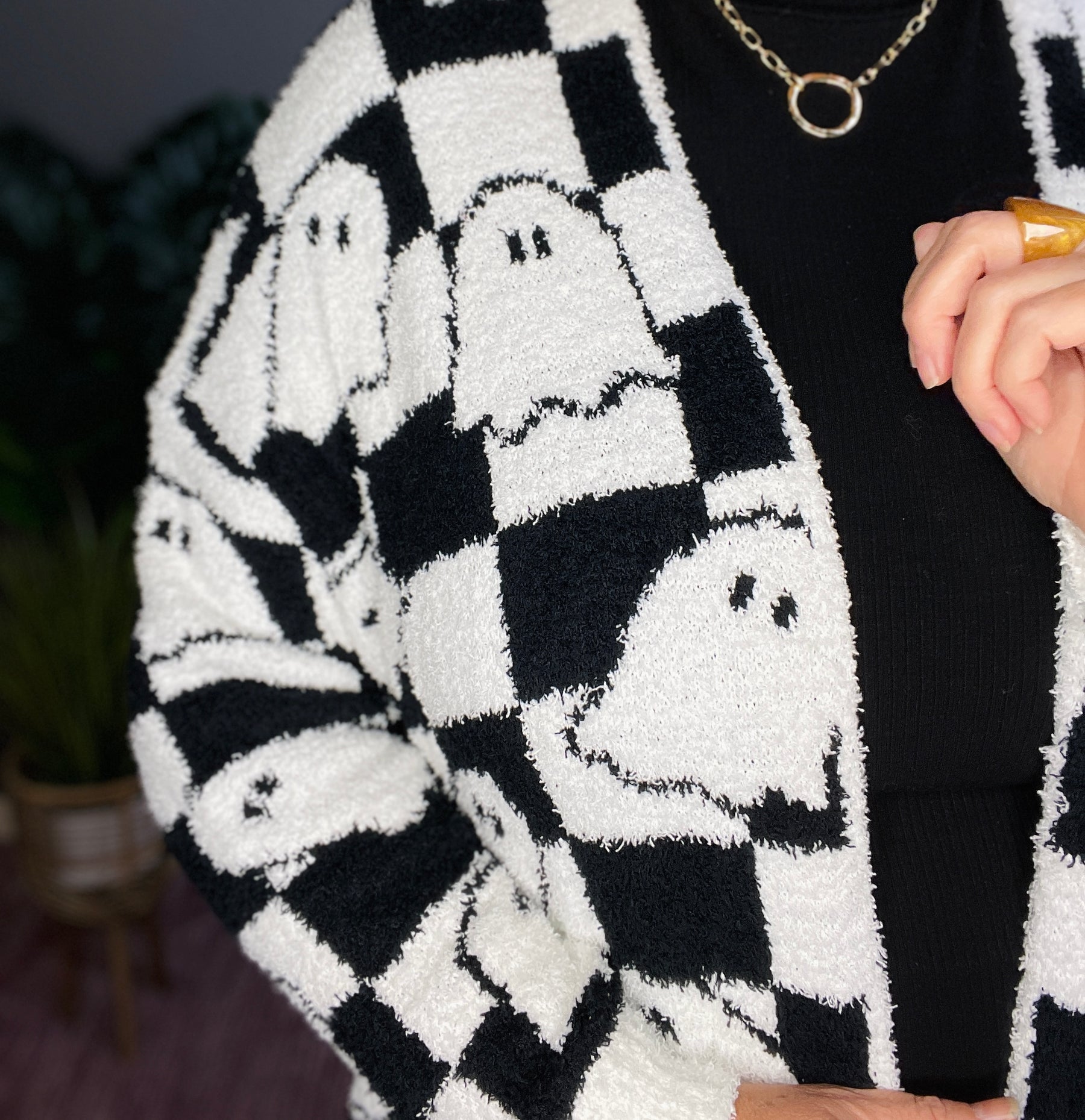 Checkered Ghost Halloween Cloud Cardigan - OT002CK