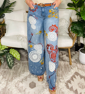 Vintage Soul Embroidered Wide Leg Jeans - J065DN