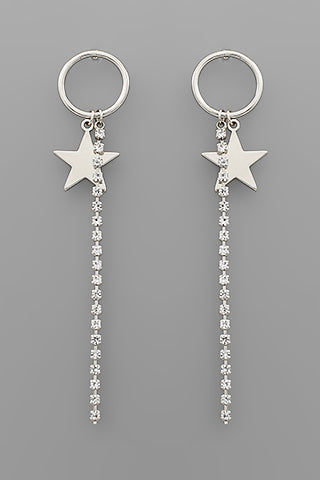 Silver Star And Crystal Dangle Earrings - E019SI
