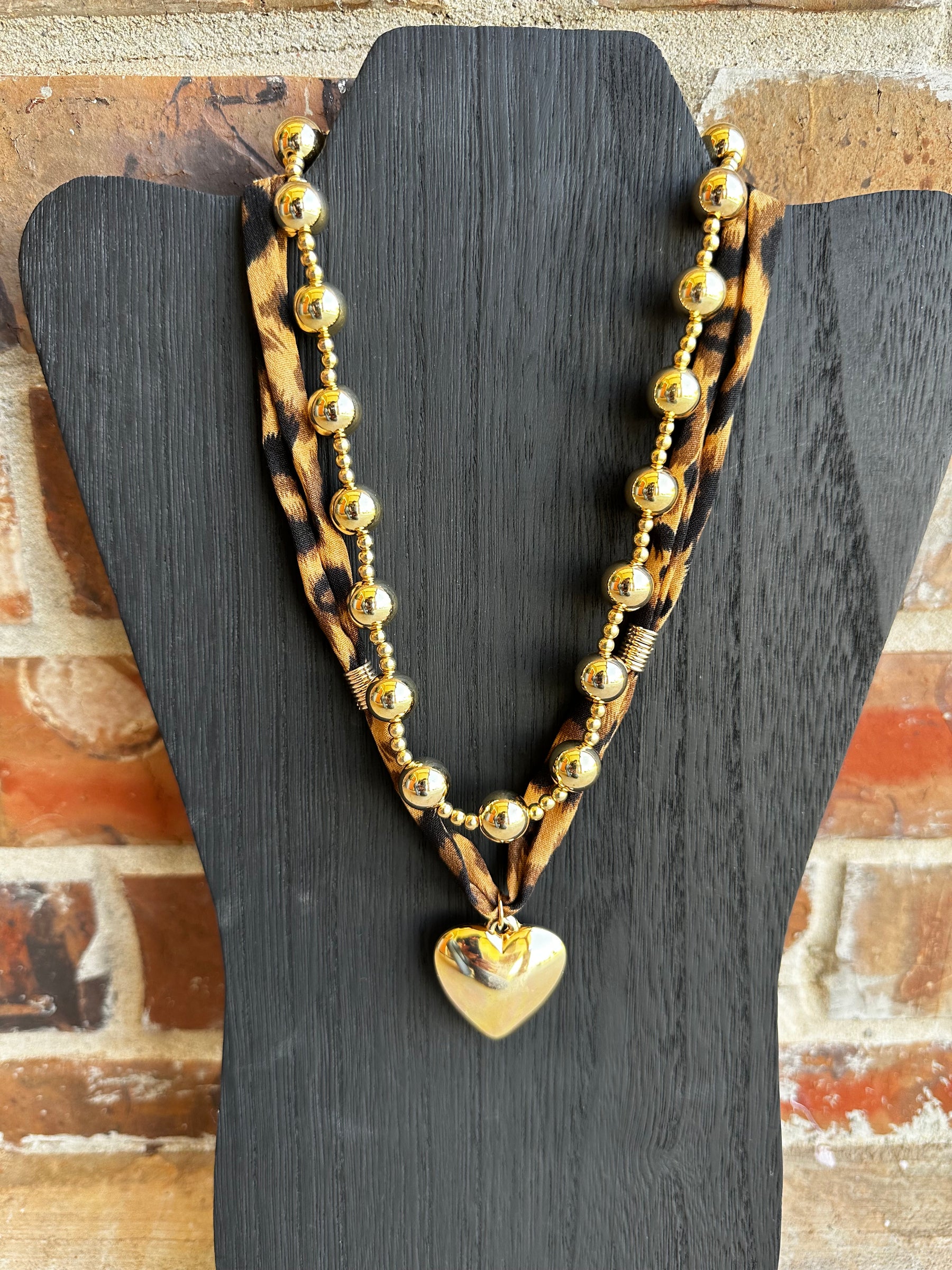 Mixed Beads Heart Charm Leopard Scarf Necklace - N156LE