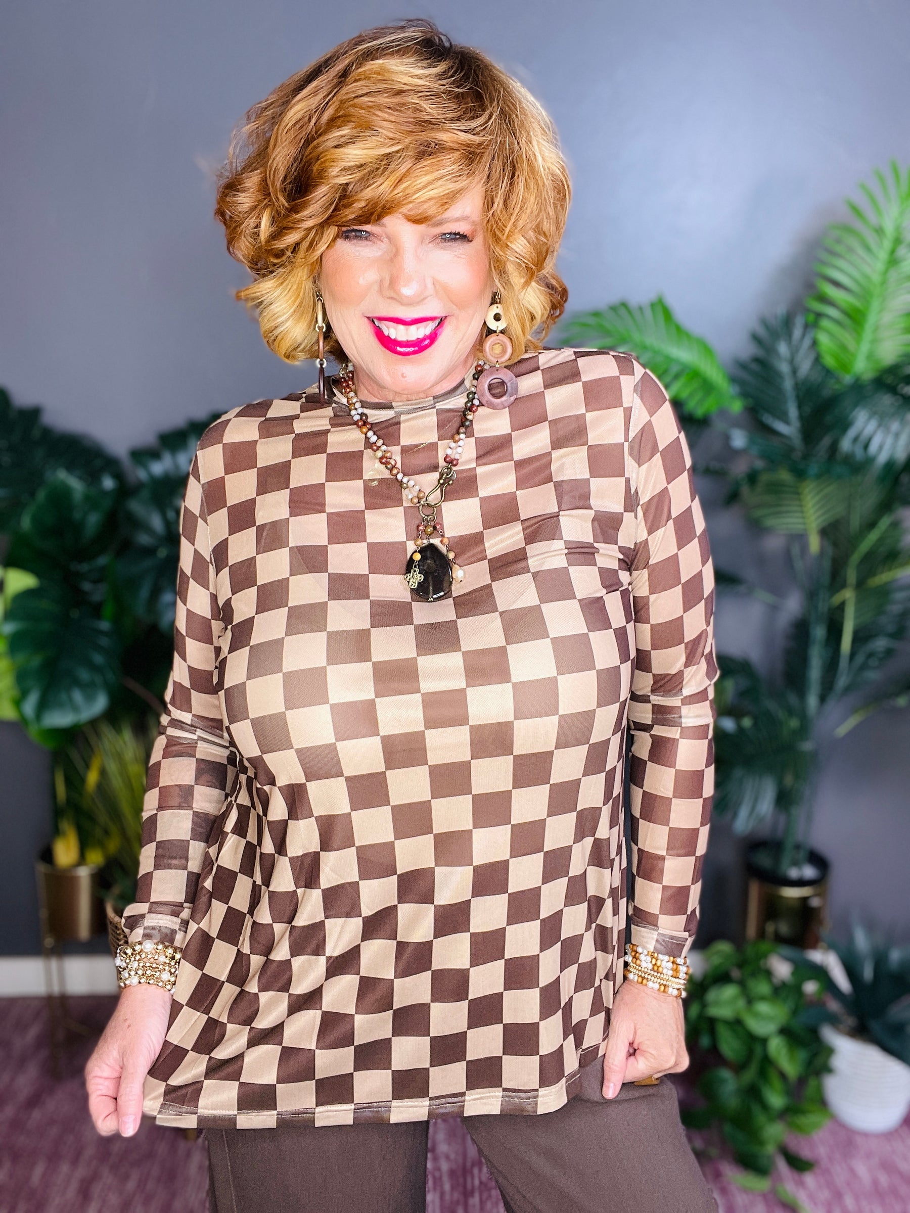 Catching Feelings Check Mesh Top - S605BR