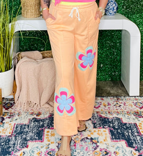 Boho Feels Grapefruit Flower Patchwork Drawstring Wide Leg Pants