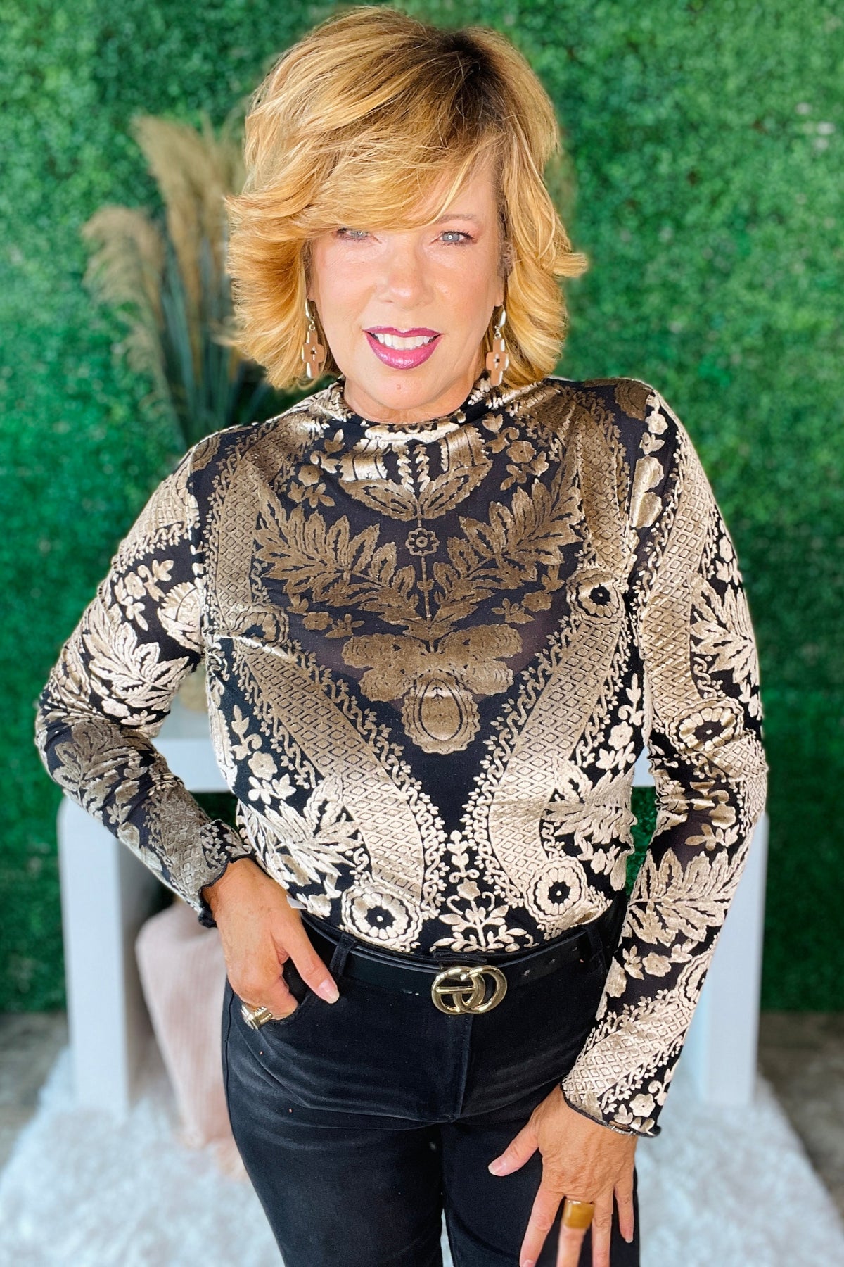 Luxe Glow Up Damask Print Velvet Burnout Top