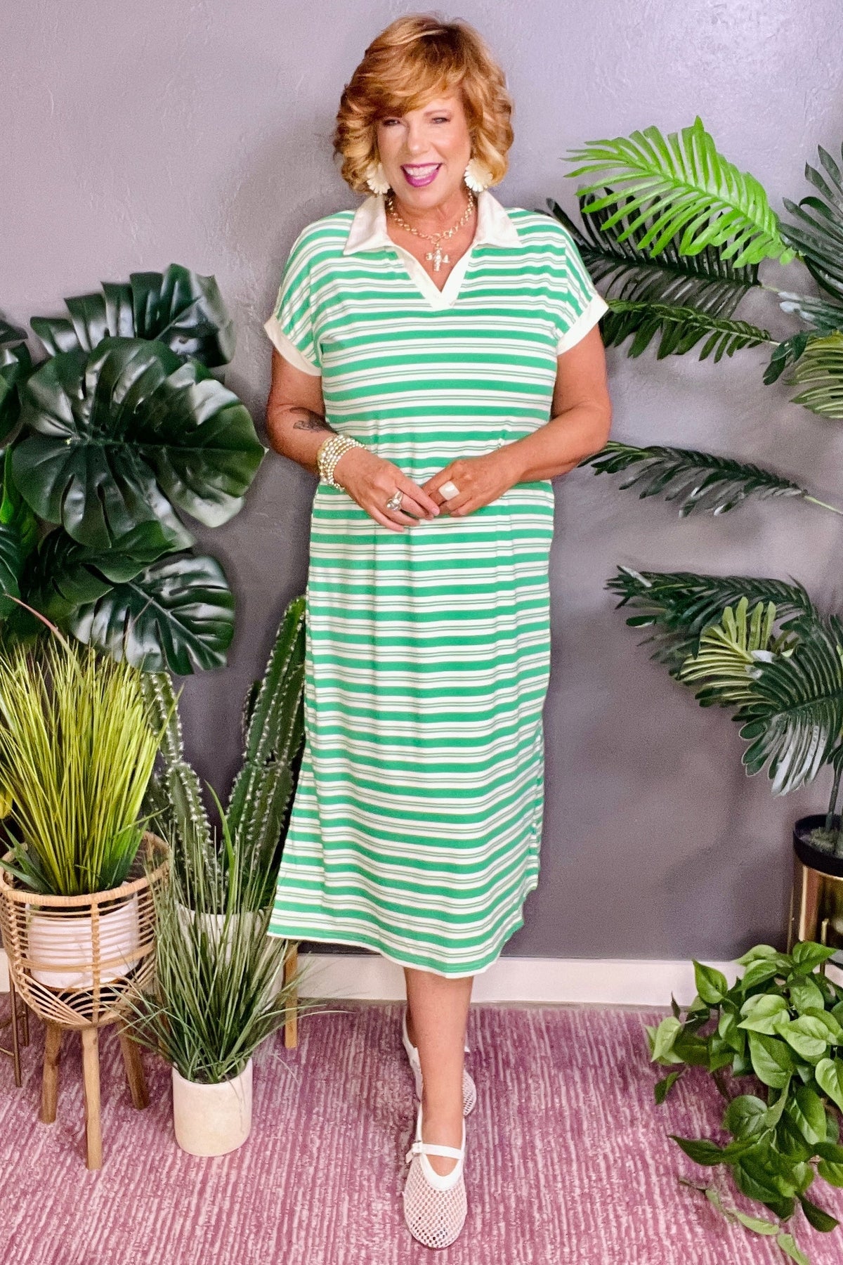 Vacay Bound Green Stripe Midi Dress with Pockets