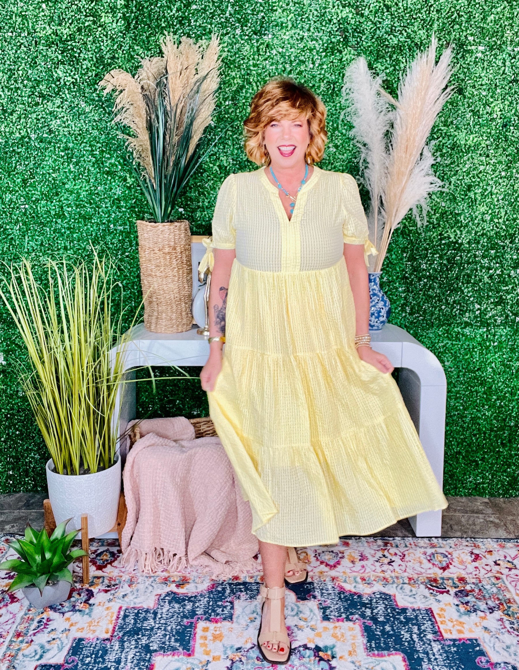 You Have My Attention Yellow Gingham Tiered Midi Dress