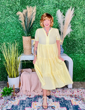 You Have My Attention Yellow Gingham Tiered Midi Dress