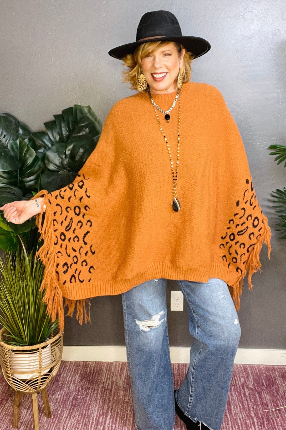 Stay Fierce Fringe Leopard Poncho - OT019LE