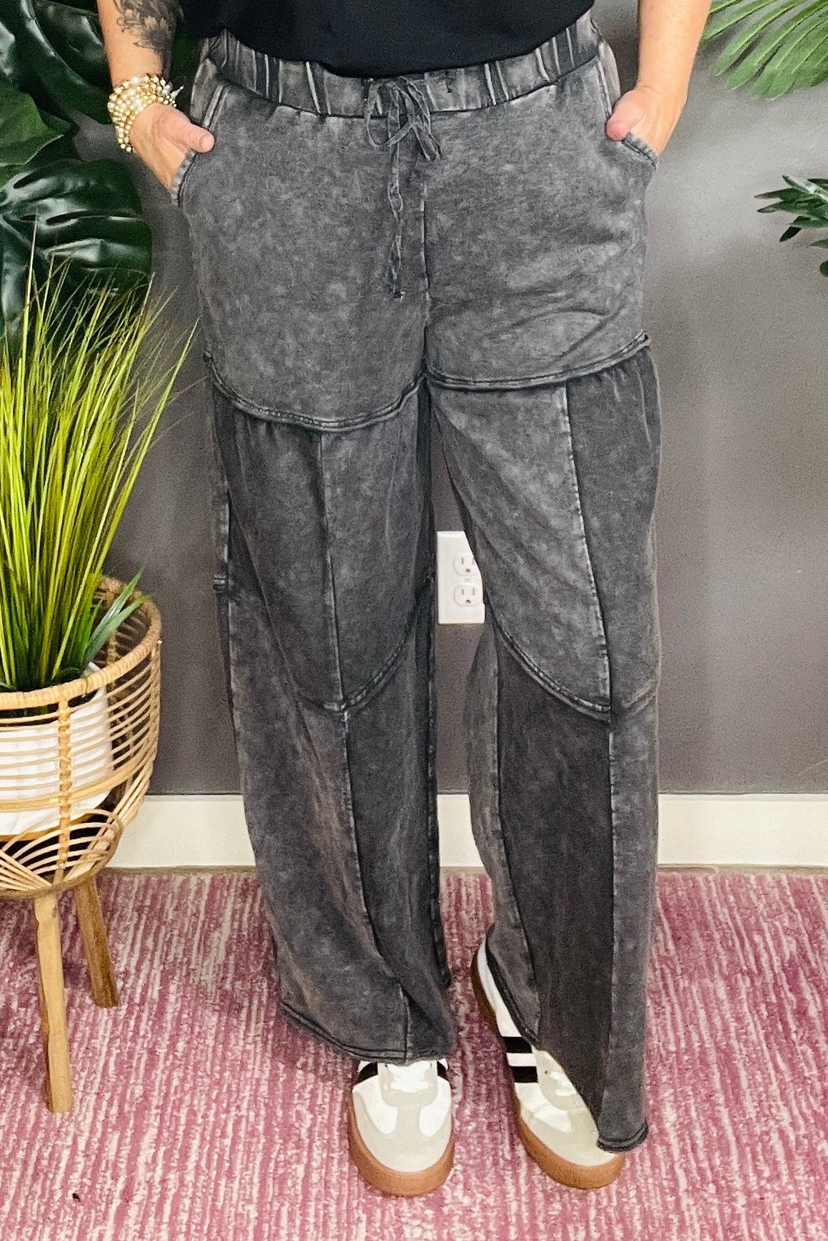 Everyday Comfort Wear Black Mineral Wash Tiered Wide Leg Pants