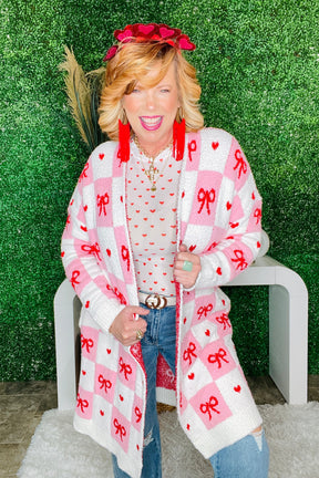 Checker Bow Valentine's Cloud Cardigan - OT115PK